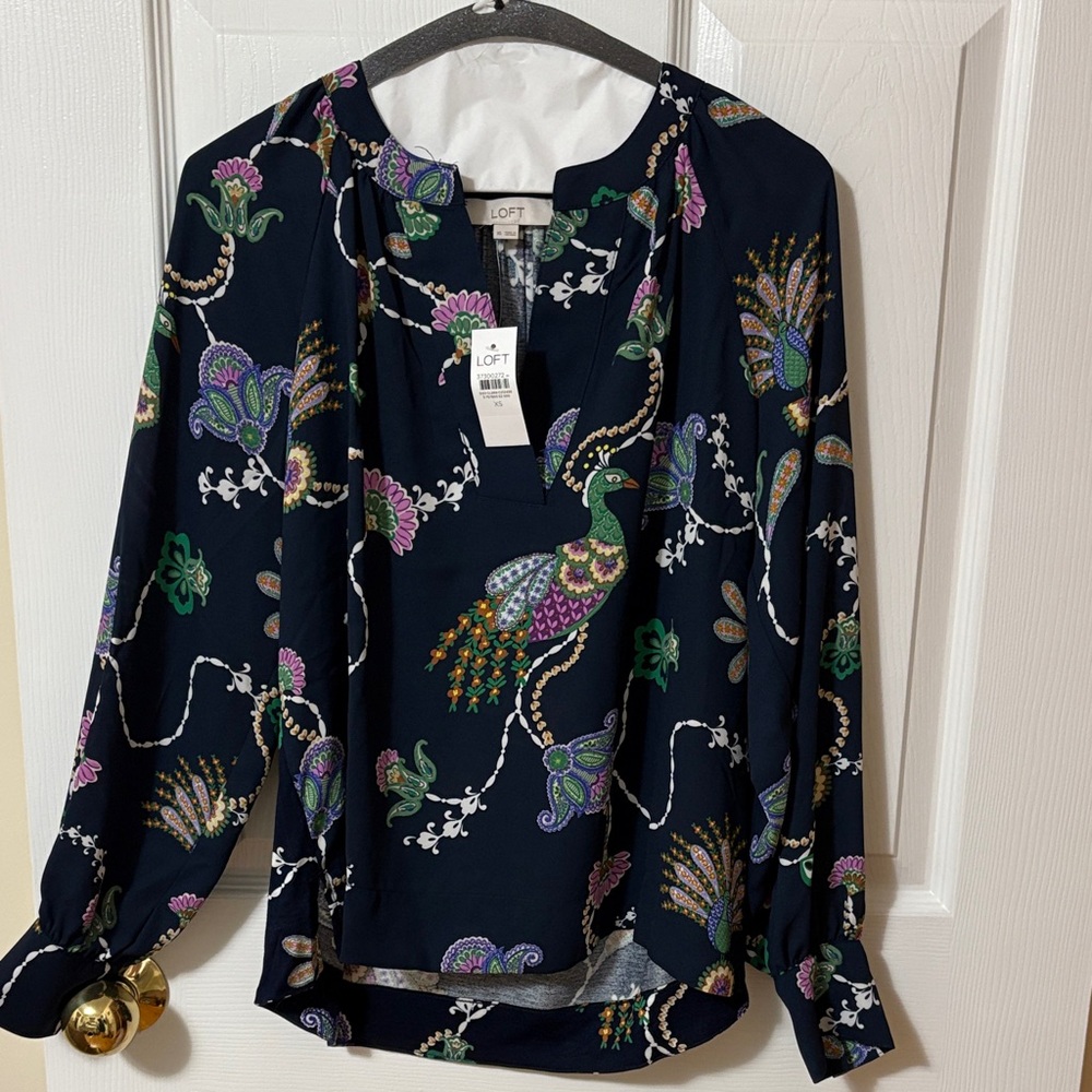 LOFT Women's Navy Peacock Print Blouse